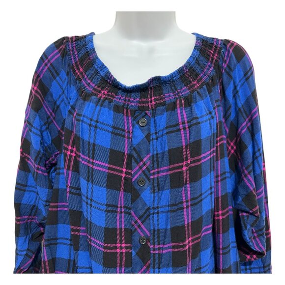 Paper Tee 3X Blue Womens Plus Blouse Plaid Off-Shoulder Button-Up Top Tie-Sleeve - Picture 3 of 11